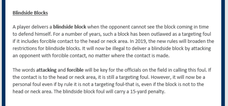 johncoonsports's tweet photo. Blindside blocks where an opponent is attacked with forcible contact -- no matter where contact is made -- are illegal in 2019. These fouls will carry a 15-yard penalty. #CFB #CFBRules https://t.co/yxUKFfaRUn