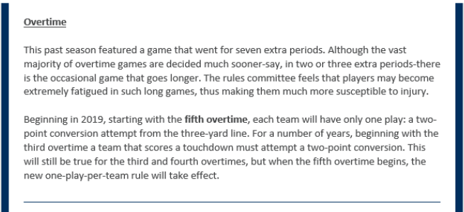 johncoonsports's tweet photo. Overtime games will now feature a single play for each team starting with the fifth overtime. Each team will run a two-point conversion attempt from the 3-yard line through each OT period until the game is decided. College football's version of a soccer shootout. #CFB #CFBRules https://t.co/9RzliOXf5c