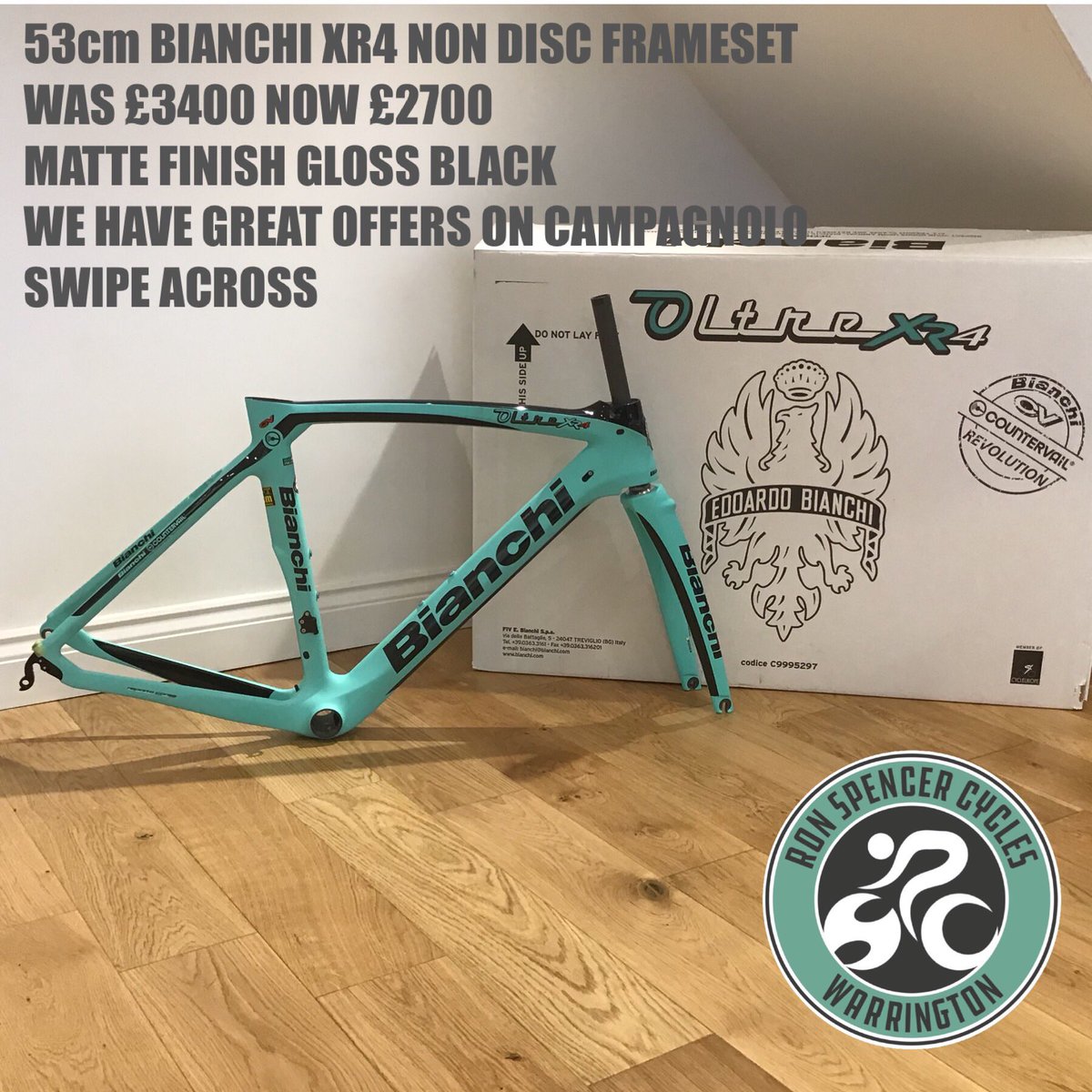 RonSpencerCycle's tweet photo. A great deal for those wanting to custom build. This @BianchiUK #oltrexr4 frameset is a bargain. We have various #groupset #wheels offers so get in touch. If itโs @campagnolosrl offers youโre after, swipe across. Your dream could be a reality at these prices. #bianchi https://t.co/2hddwDmnI6