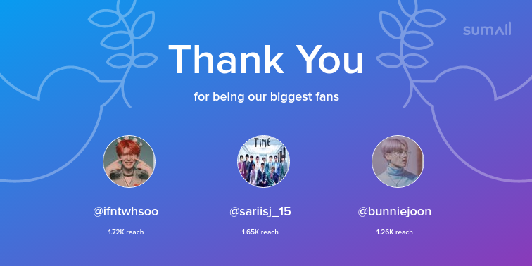 Our biggest fans this week: ifntwhsoo, sariisj_15, bunniejoon. Thank you! via sumall.com/thankyou?utm_s…