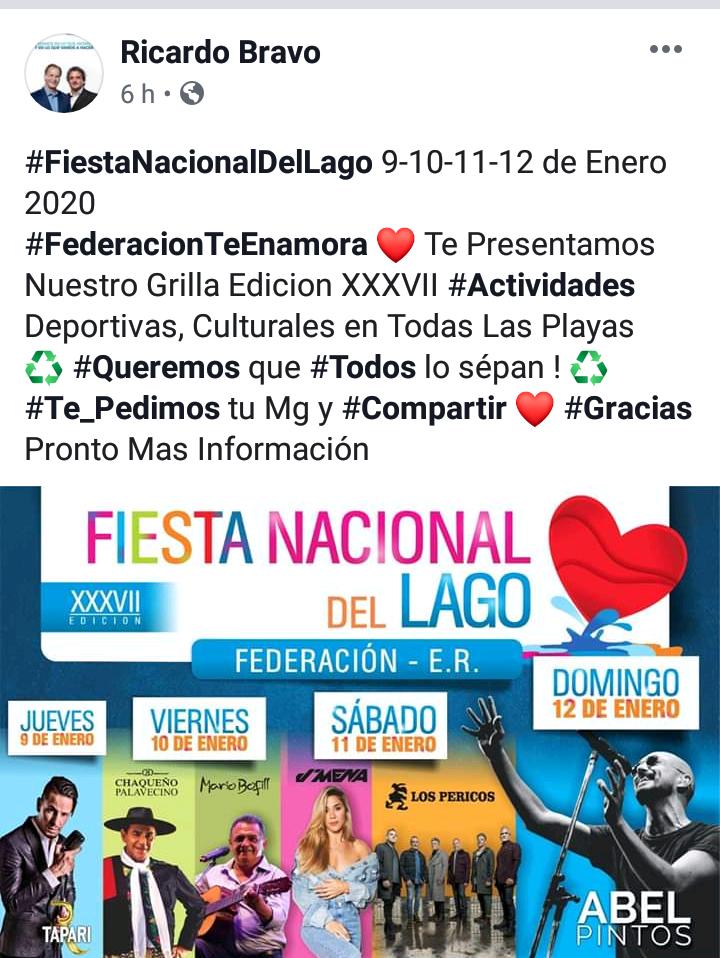 RicardoDavidB's tweet photo. #FiestaNacionalDelLago 9-10-11-12 de Enero 2020
#FederacionTeEnamora ❤ Te Presentamos Nuestro Grilla Edicion XXXVII #Actividades Deportivas, Culturales en Todas Las Playas
♻ #Queremos que #Todos lo sépan ! ♻
#Te_Pedimos tu Mg y #Compartir ❤ #Gracias
Pronto Mas Información https://t.co/2jYIOCySsx