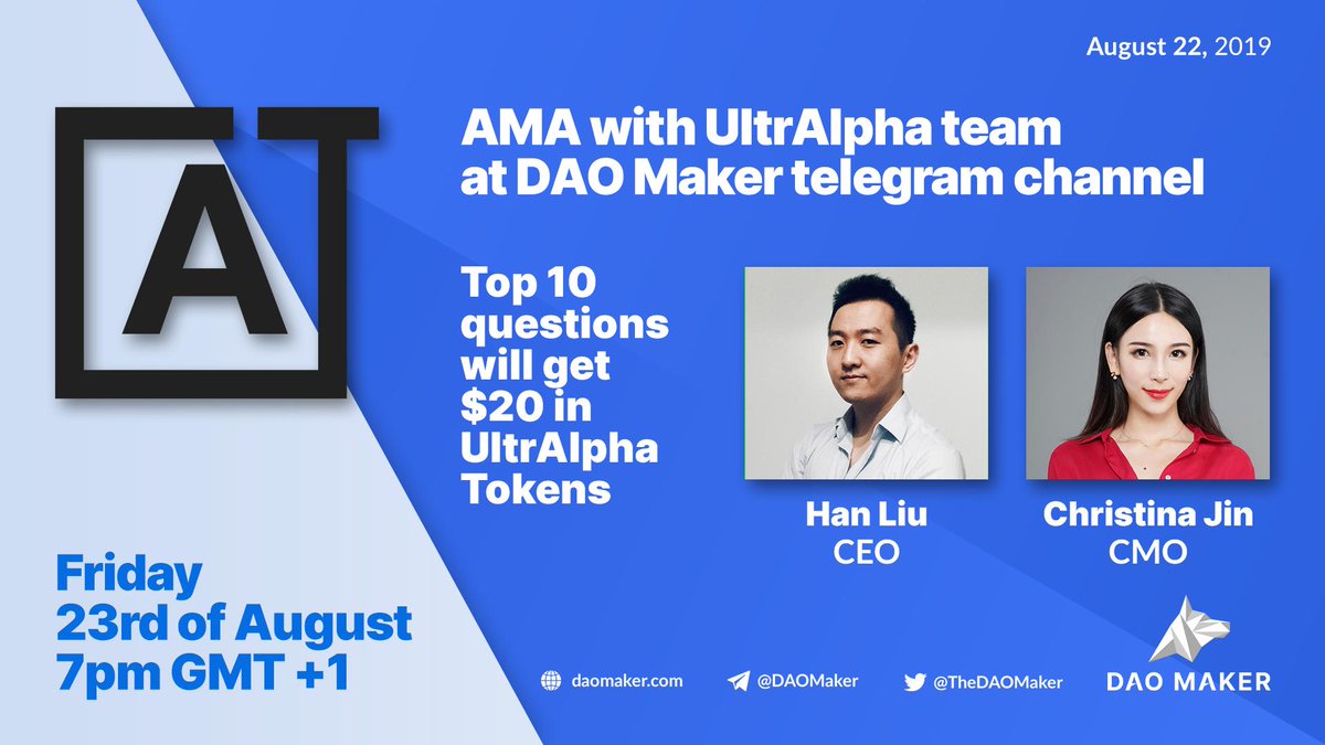 daomaker's tweet photo. We have an AMA with @UAT_Official this Friday at 8pm CET. 

We are giving $20 in UltrAlpha Tokens to the top 10 questions.

Please join our community &amp; news channel to participate the #AMA:
https://t.co/C1xLh3M4vj
https://t.co/GpA6yDHe2m

Submit your questions as comments below: https://t.co/Ij9YQLgLDX