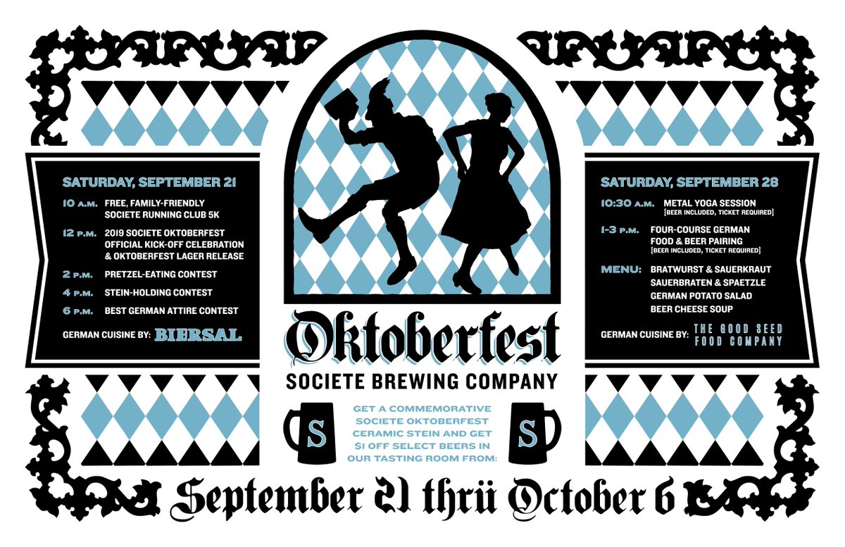 This year, SOCIETE #OKTOBERFEST will last THREE WEEKS, with a kick-off celebration, beer-and-food pairing, Societe Running Club 5K, metal yoga, steins &amp; discounts from 9/21-10/6. Get the details then join us - societebrewing.com/blog

#sdbeer #craftbeer #societe #sandiego #prost