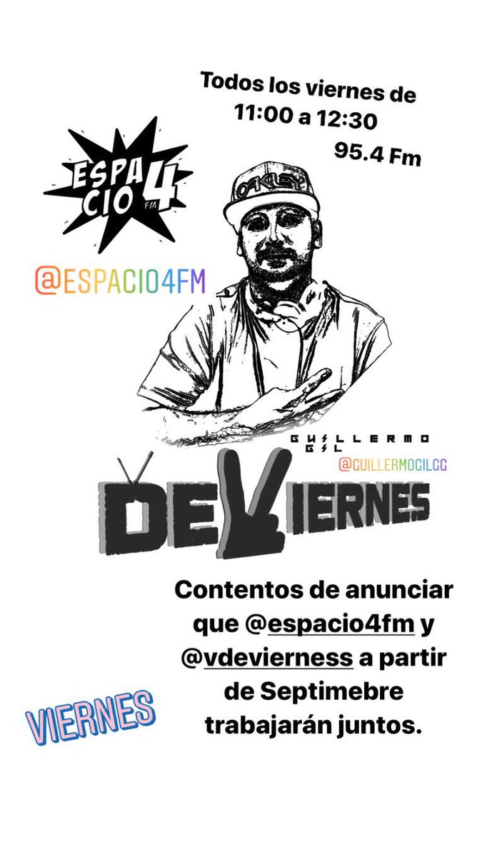 vdeviernes1's tweet photo. Contentos de anunciar que a partir de Septiembre colaboramos con @Espacio4FM , para nosotros todo un honor!
De 11:00 a 12:30 todos los viernes de la mano de @guillermogilgg 
Que la música no pare de sonar! https://t.co/5PNlQr4Qp4