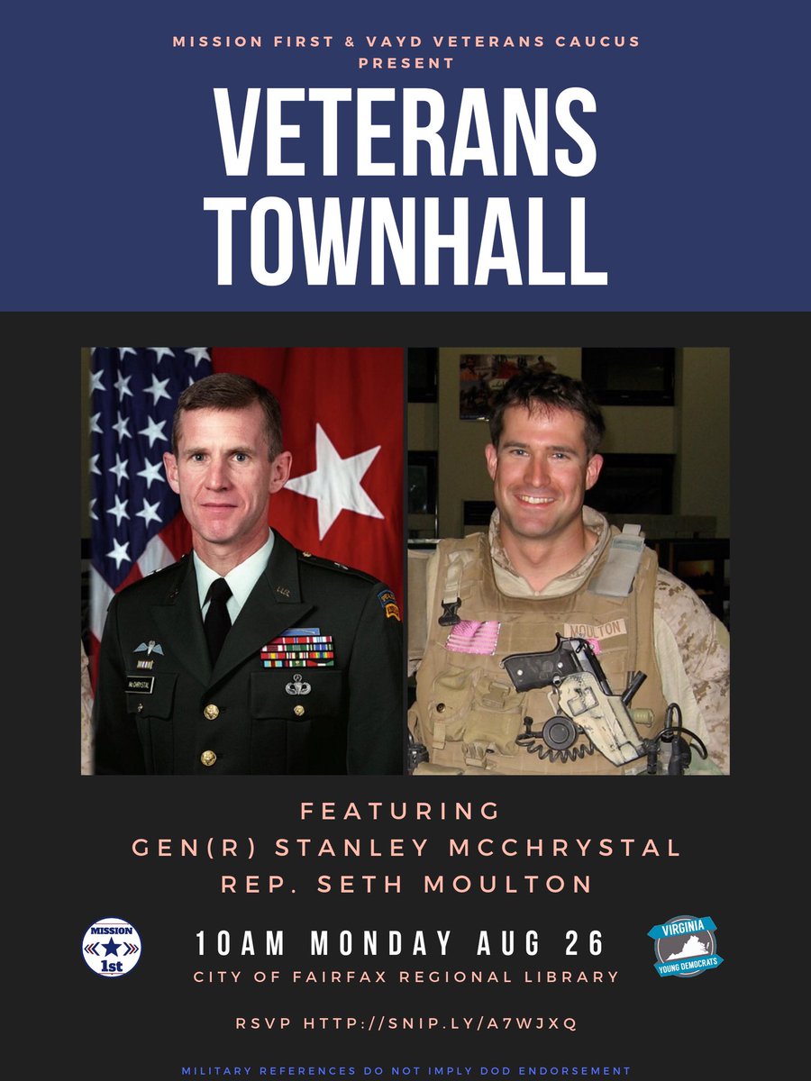 MissionFirstVA's tweet image. 🚨 MONDAY MONDAY MONDAY 🚨 
We’re hosting a #Veterans Town Hall with @McChrystalGroup and @sethmoulton in Fairfax! Space is limited, sign up ASAP: 
facebook.com/events/4679222…