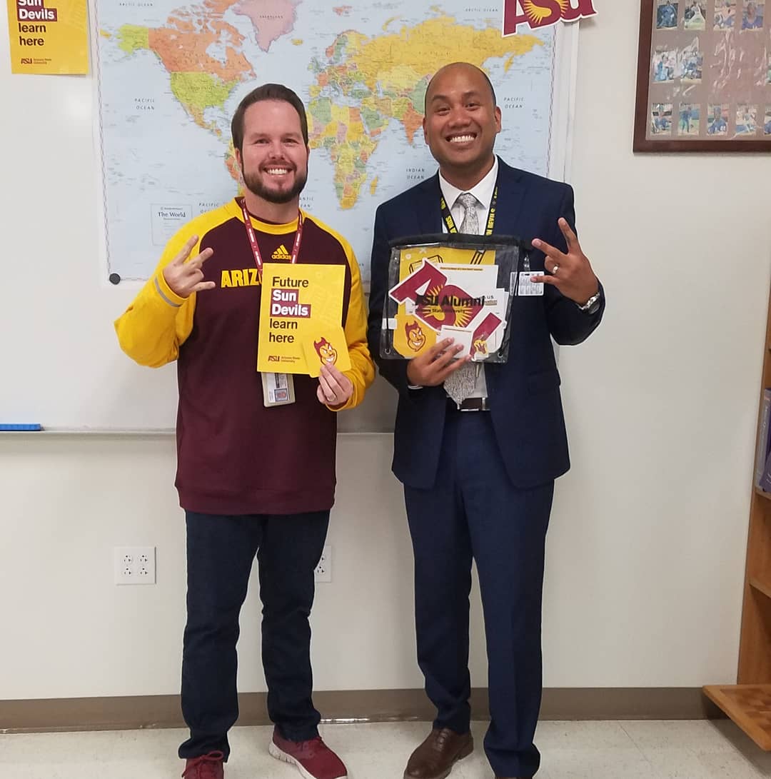 SPSheehan's tweet photo. It's great to work alongside fellow #SunDevilTeacher @sorlowski82 at @LHSHarmon in TX! Pitchforks up for @ASU, @ASU_Alumni, & their back-to-school swag pack for educators! Wishing all the #sundevilteacher peeps a great school year! #BHarmonNow #TeachLikeUs https://t.co/PdUd3zLAJM