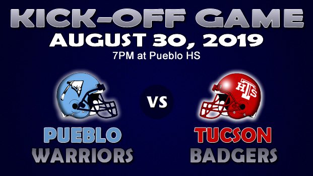 PuebloFootball's tweet photo. Are you ready for some football? 2019 #KickOff Game 🏈 on Friday, August 30 vs. Tucson HS at 7PM. Come support #WarriorBlock 🅿️! #ColumbiaOut https://t.co/LMpJqkLSrb