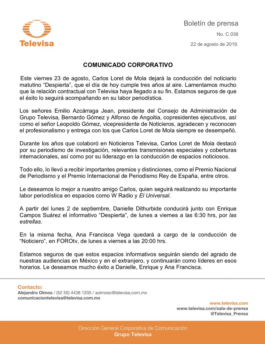Comunicado corporativo sobre cambios en los noticiarios de <a href="/Canal_Estrellas/">Las Estrellas</a> y <a href="/Foro_TV/">Foro</a> a raíz de la salida de <a href="/CarlosLoret/">Carlos Loret de Mola</a>