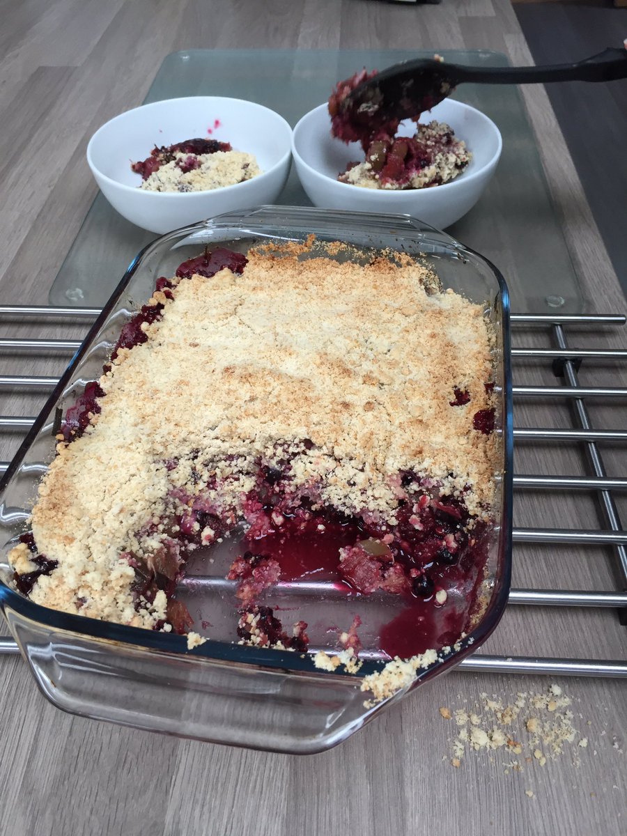 Home made rhubarb and dark fruit crumble. The rhubarb is from our rhubarb gin. #bloodylovely