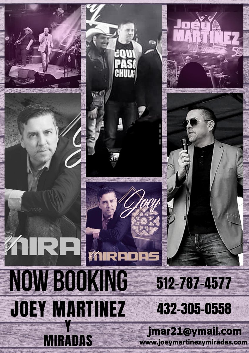 EMC_Chicano's tweet image. Joey Martinez y Miradas Now Booking! All Events, Clubs, Weddings, Quinceañeras, Birthday Parties, Divorce Parties you name it, will play it!
(512) 787-4577
(432) 305-0558
book@joeymartinezymiradas.com
jmar21@ymail.com