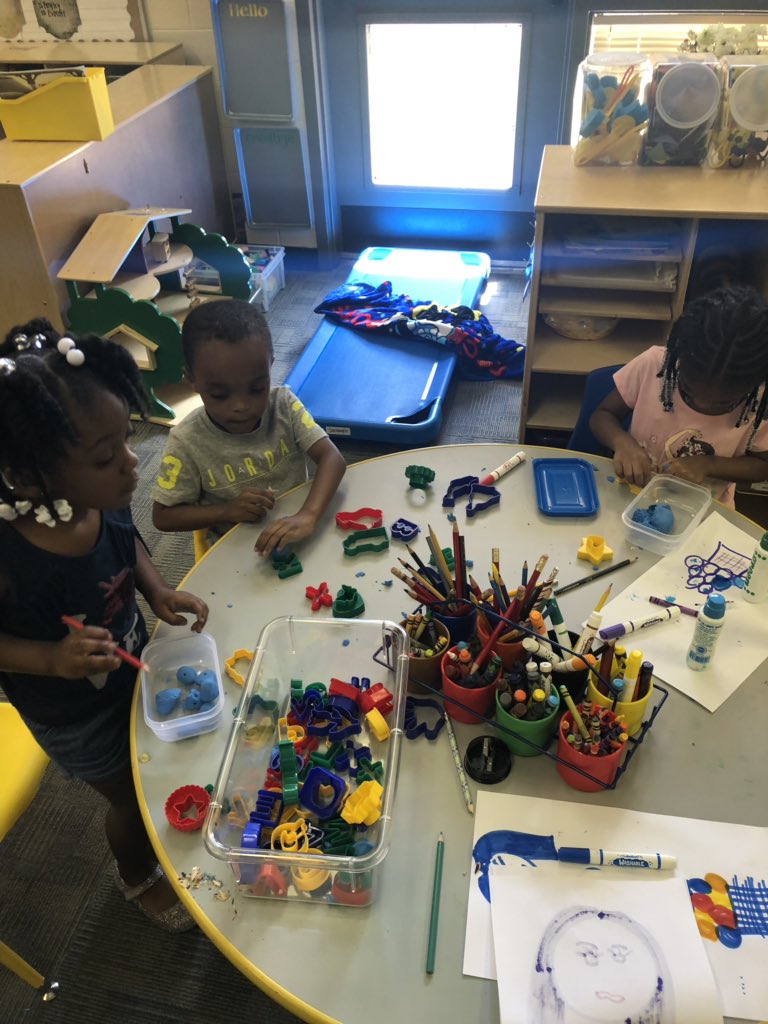 EcksteinTES's tweet photo. At center time we see the beginning stages of reading. We see writing! We see our students using their imagination to create something unique out of play dough and dot art! #firstclassprek https://t.co/3pOjRwhPDC