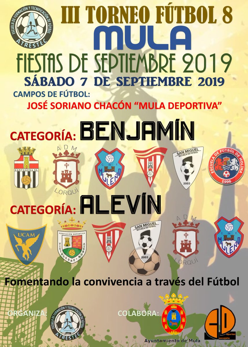 Ya tenemos el cartel completo con los equipos que van  participar en el III Torneo Fiestas de Septiembre Atrestec, gracias a todos x seguir confundi en nosotros #muleño#san miguel#efmolina#vistalegre#lorqui#ucam#cartagena#bullensedeportivo