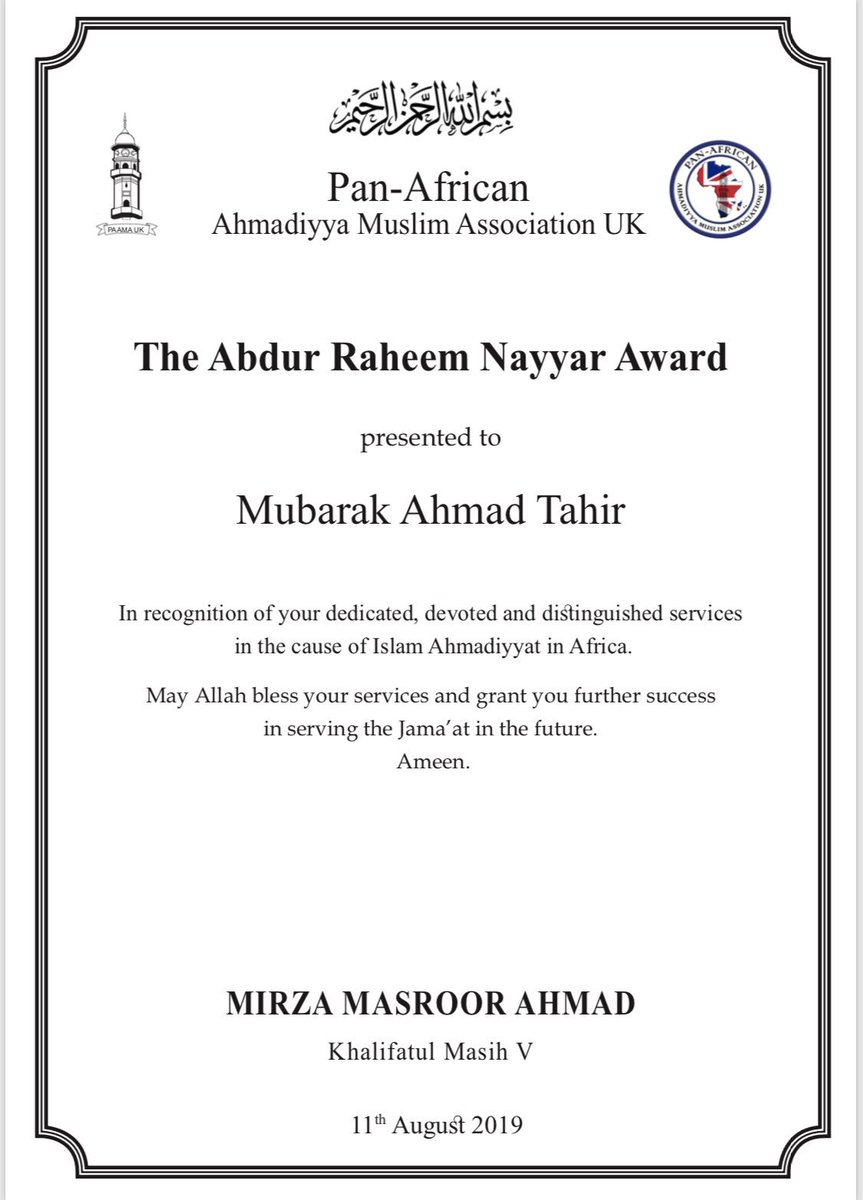 PAAMA_UK's tweet photo. Respected Mubarak Ahmad Tahir receiving the Abdur Raheem Nayyar Award 2019 from His Holiness Hazrat Mirza Masroor Ahmad for 15 years service as a teacher, principal and missionary in #SierraLeone🇸🇱 and for his continued services to #Africa as Secretary Majlis Nusrat Jahan. https://t.co/etoscIMcjQ