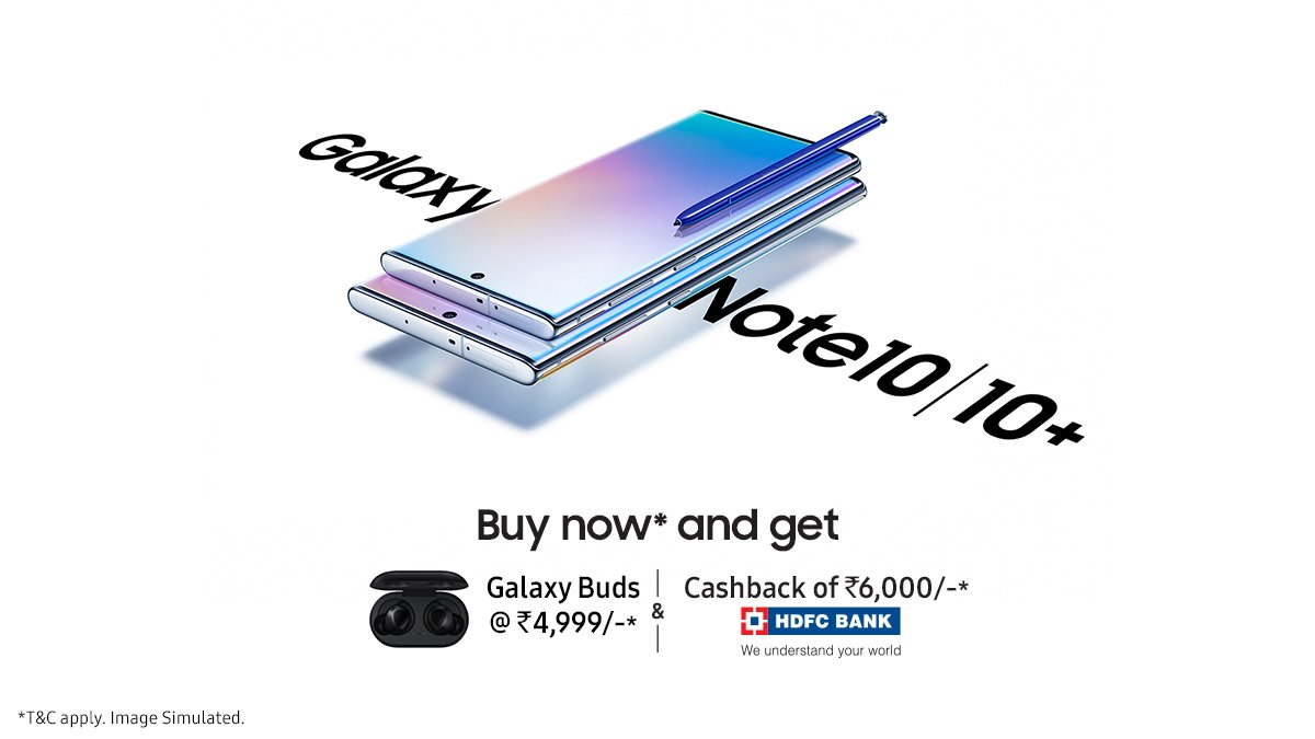 SamsungIndia's tweet photo. Next-level power has arrived. The Samsung #GalaxyNote10 is a computer, a gaming console, a pro grade camera, and an intelligent pen, all in one device. Buy now to get the Galaxy Buds at ₹4,999/- and a ₹6,000/- HDFC Cashback: https://t.co/T8ap6B0nan https://t.co/2h1gPj7JMQ