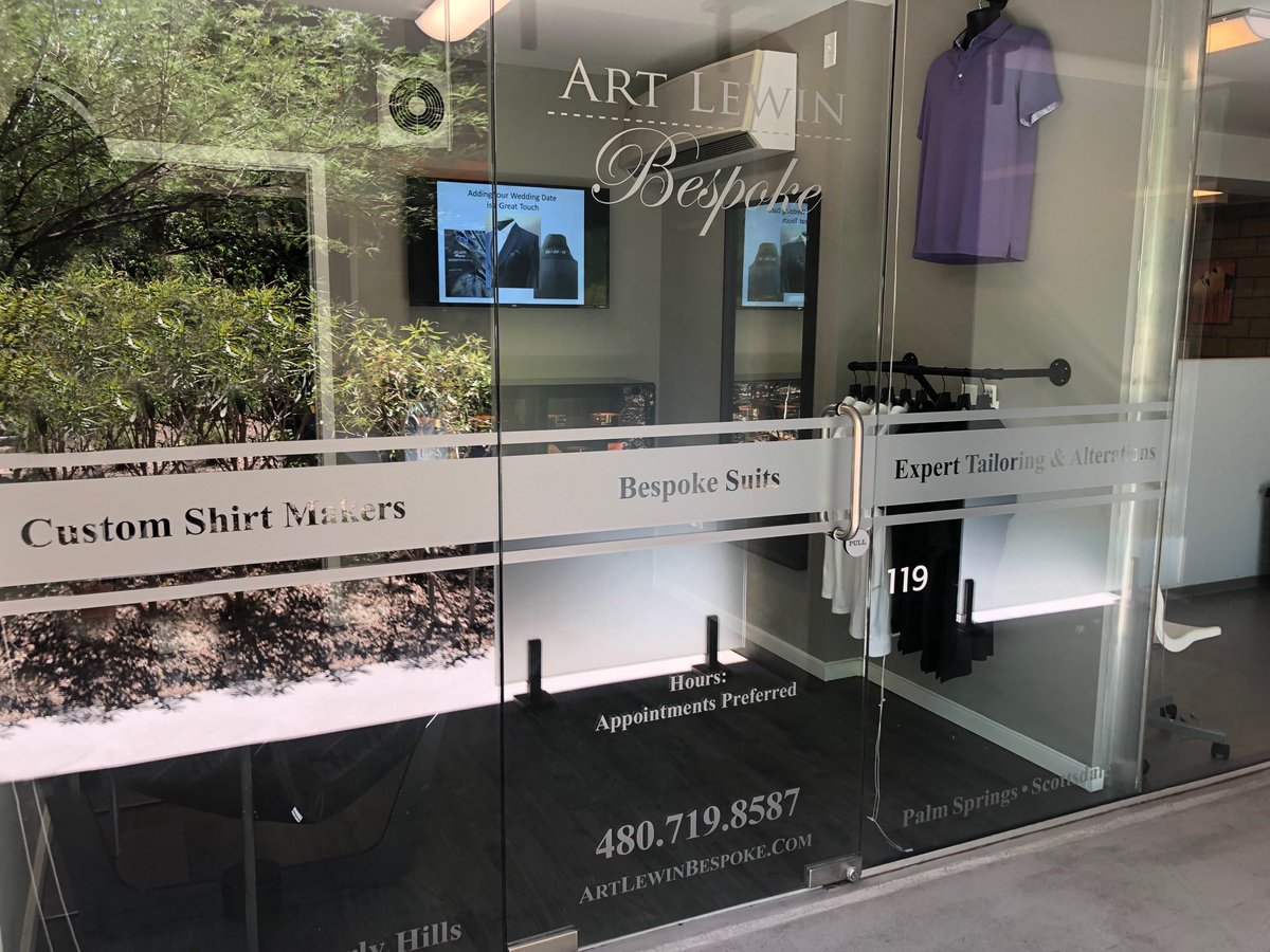 WhiteWolfSwag's tweet image. Sean Simmons just finished a project working with Art Lewin Bespoke Clothiers - Scottsdale creating &amp;amp; installing some new storefront frosted window graphics. #WideFormatGraphics #WindowGraphics #Decals #Print #Custom #RetailSignage #StoreGraphics #WhiteWolfBranding