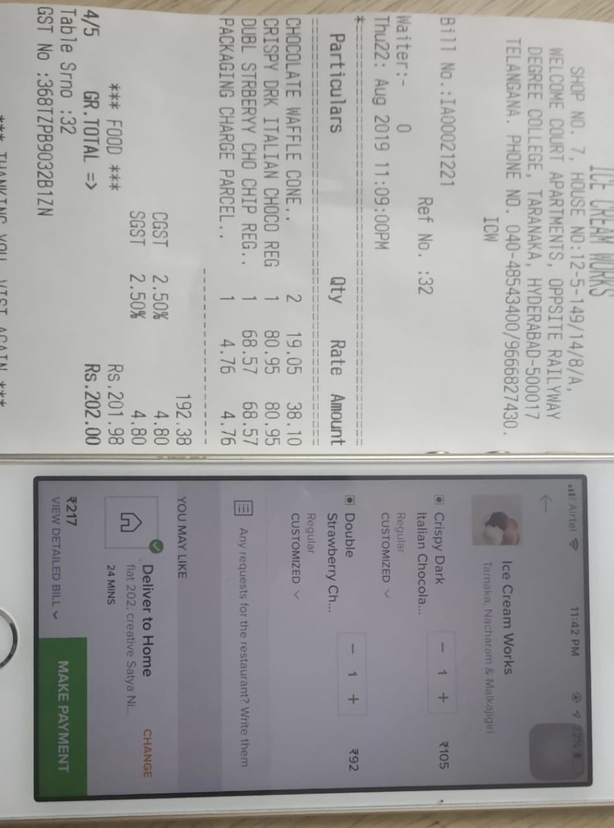 Iam_RGoyal's tweet photo. @swiggy_in @SwiggyCares can it be explain, how 80.95+gst = 85 Rs and 68.57+gst = 72 Rs items have become Rs 105 and 92...... and also the funniest part packing charge of Rs 5 becomes Rs 20... aren’t Swiggy making fool out of customers..... @TheLallantop https://t.co/U4yFQDrcPF
