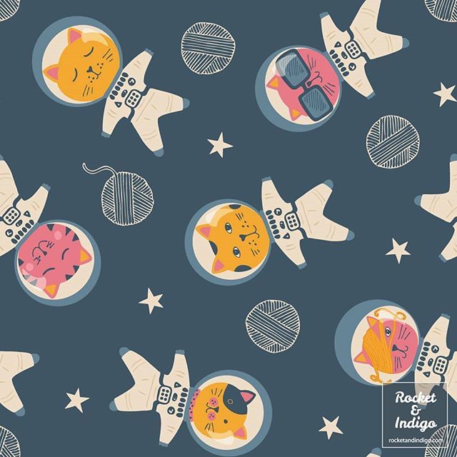 rocketandindigo's tweet photo. Space Cats. A fun pattern for kids inspired by the @makeitindesign #summerschool2019 #patterngenerator challenge. I randomly picked 'spots' and 'cats' along with 3 colours (golden yellow, pink and blue-grey). When I sketched the cats inside circles it reโฆ https://t.co/2dskHSwcGg https://t.co/e3JZV48gCR