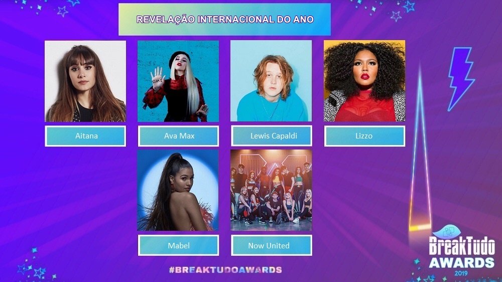 breaktudoawards's tweet photo. #Aitana, #AvaMax, #LewisCapaldi, #Lizzo, #Mabel e #NowUnited são os indicados a Artista Revelação Internacional no BreakTudo Awards 2019. #BreakTudoAwards https://t.co/S9MDBhslA8 https://t.co/XG1Us6OjkE