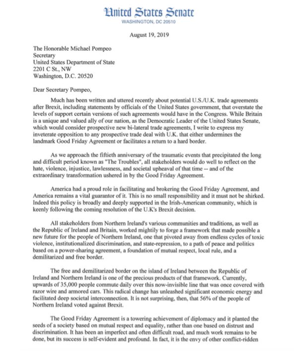 McPrinciples's tweet photo. IN NEW LETTER TO SECRETARY POMPEO, SCHUMER SAYS HE WILL VIGOROUSLY AND VOCIFEROUSLY OPPOSE ANY POTENTIAL U.S.-U.K. TRADE DEAL THAT UNDERMINES THE GOOD FRIDAY AGREEMENT OR A RETURN TO A HARD BORDER @SenSchumer @SecPompeo #mcguinnessprinciples #Brexit #irishunitynow https://t.co/1Y4eJlhBLF