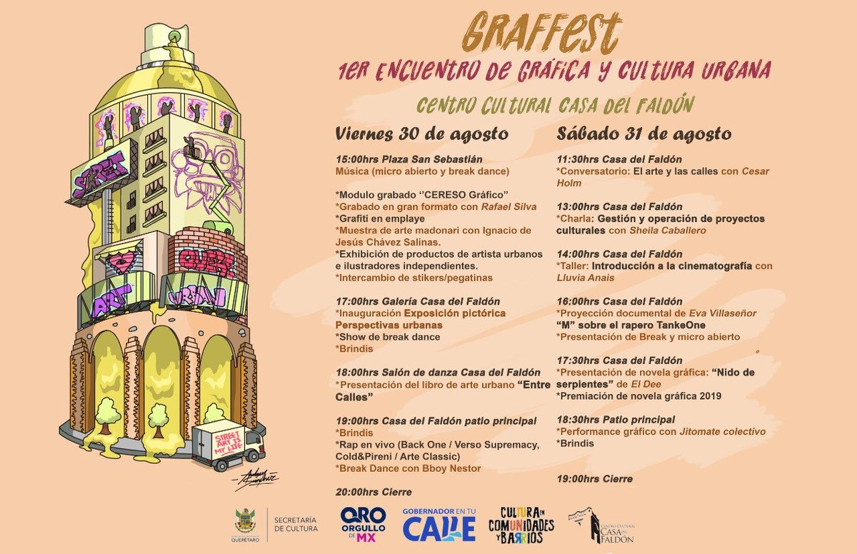 SECULTQro's tweet photo. Este 30 y 31 de agosto la @SECULTQro, a través de su programa #Cultura en Comunidades y Barrios, celebrará la primera edición de #GRAFFEST, que tendrá como sede la Casa del Faldón. Las actividades son gratuitas y abiertas a todo público #QroOrgulloDeMx #GobernadorEnTuCalle https://t.co/fwEDmuguTa