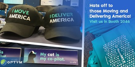 OptymLE's tweet photo. Hats off to those Moving and Delivering America! Come get some #SWAG at Booth 2046. Free goodies at #GATS. #OptymHaul https://t.co/rFHurEbA0k