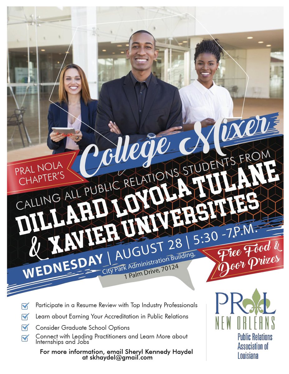 skhaydel's tweet image. We are less than a week away! Please join us. Calling all college students! @PRALNOLA @PRSSA_XULA @XULA_NABJ @ShearonRoberts @thespearsgroup @BAMM_Agency @DEVENEYMKTG @zehndercom @PRSA_NOLA @Loyola_Maroon @thetuhullabaloo @xulaherald @delgadocc @onlineoptimism #pr