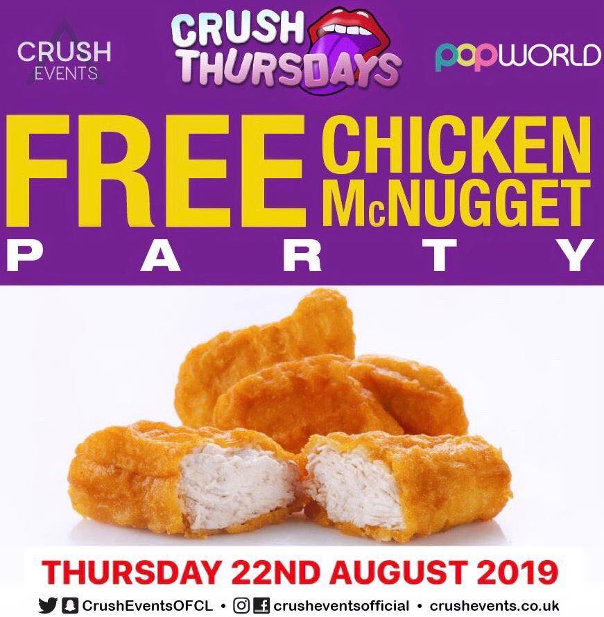 TONIGHT IS THE NIGHT!!!!

It’s our MONTHLY FREE CHICKEN McNUGGETS PARTY tonight! 🍗 🍗 🍗 

Get on down for the best Thursday night out AND free chicken nuggets ?!?!🔥🥂

⚠️ DOORS OPEN 10PM EVERY THURSDAY⚠️

DM The Crush Events FACEBOOK PAGE for Guestlist <a href="/PopworldBristol/">Popworld Bristol</a>
