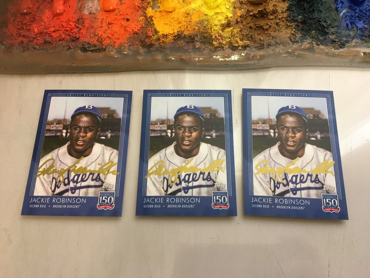 GraigKreindler's tweet image. Follow me and retweet this before Friday, August 30th, 9:00 PM EDT and I'll pick three random winners. Each will receive a Jackie Robinson @Topps card signed by the guy who painted it (me)!