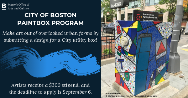 CityOfBoston's tweet photo. Help make the City of Boston more vibrant by participating in our PaintBox program! We're giving local artists $300 stipends to paint overlooked utility boxes with original designs. Deadline is September 6. More info and apply: https://t.co/lKBjC1DUxR https://t.co/21Ln2Hw0Dc