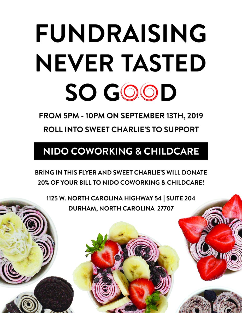 nidodurham's tweet photo. Save the date! Treat yourself and your family or friends at Sweet Charlie's (Durham, NC) on September 13 from 5-10 pm. They'll donate 20% of your bill to Nido! Fundraising for one of your favorite nonprofit organizations never tasted so SWEET. 🍨 #durhamnc #durhamparents https://t.co/QMzV1JMAAX