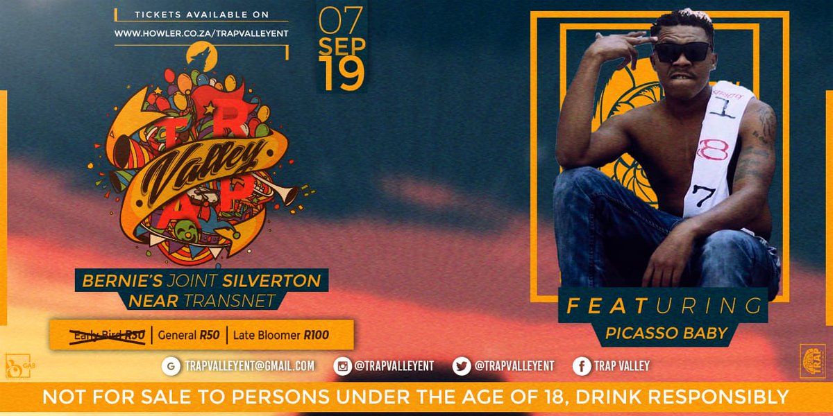 picassobaby187's tweet photo. 7 September, find me rocking the stage. Shout out @BrownDeluxe_SA #TrapValley https://t.co/3610e6WFMd