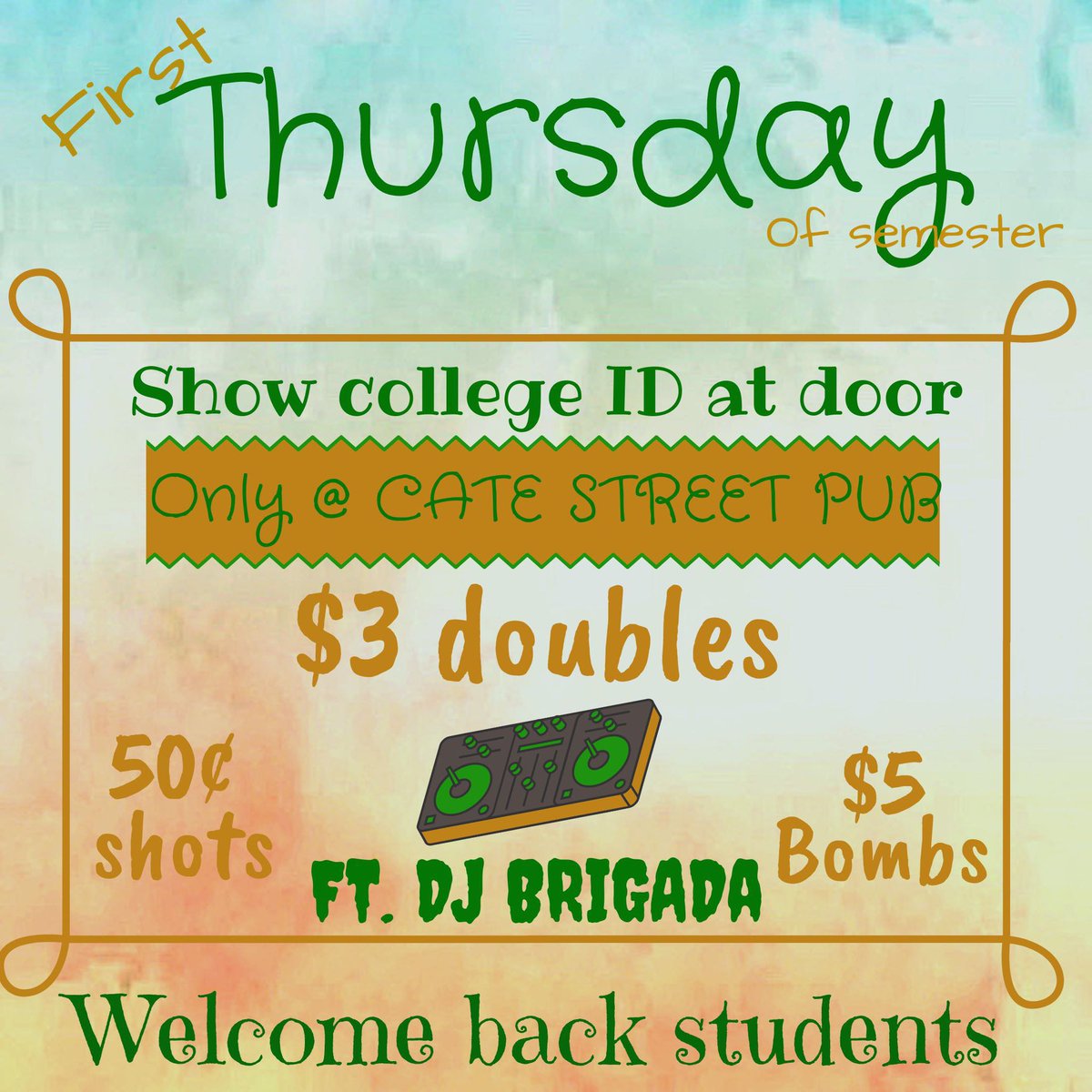 CateStreetPub's tweet photo. FIRST THURSDAY !! don’t forget your student ID 🍻 https://t.co/ztTFiLw8WF