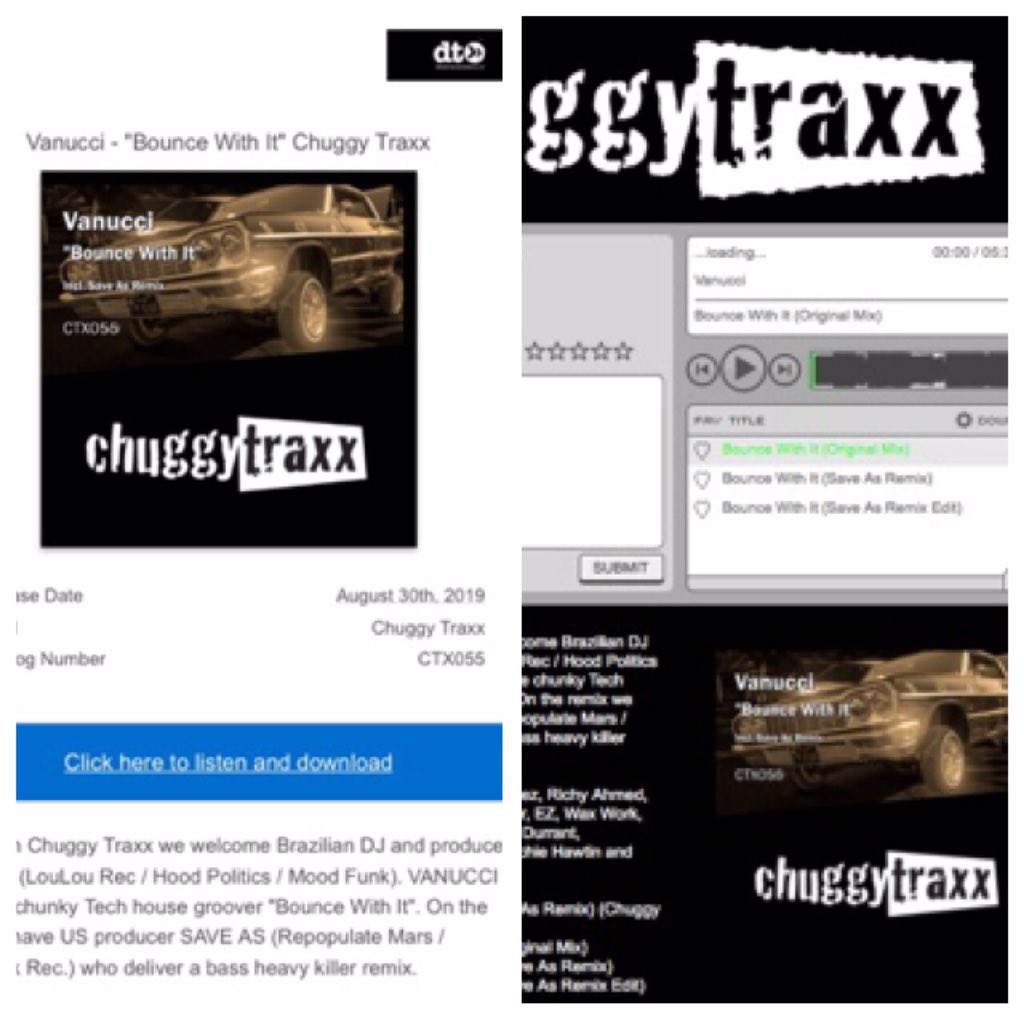 ChuggyTraxx's tweet image. New music for the weekend - Check your promo inbox !!
Just send out our next one by @vanuccimusic "Bounce With It" with an awesome Save As Remix - Great early feedback, Coming soon @ChuggyTraxx 🙌😎🔥 #Vanucci #bouncewithit #saveas #tech #housemusic #banger #dj #promoinbox #promo