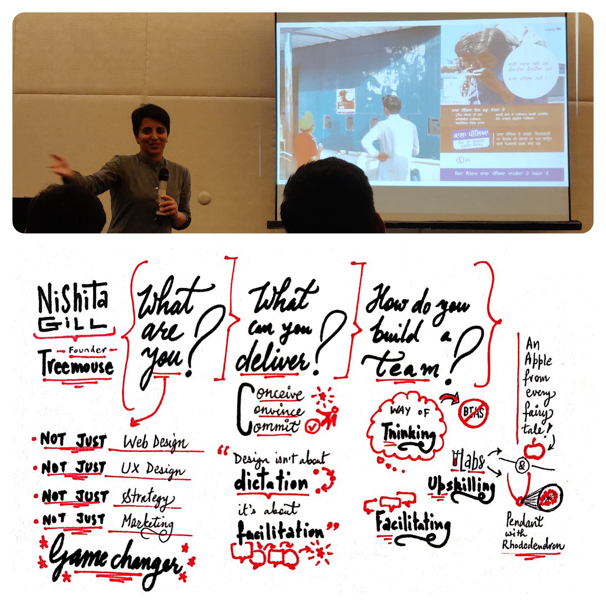 Next, <a href="/nishitagill/">Nishita Gill</a> gave a glimpse into how <a href="/hellotreemouse/">Treemouse</a> really works: answering who they are, what they deliver &amp; how they hire.

She shared some lovely reflections, like design is about facilitation (not dictation) &amp; checking for bias during hiring.

4/n #TDconf #sketchnotes