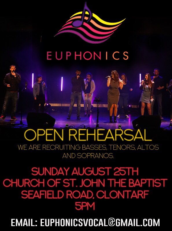 euphonicsvocal's tweet photo. ‼️ Audition Alert ‼️ 
Calling all singers - we are looking for new members in all parts! Open rehearsal and auditions this Sunday 25th in Clontarf. 
Email us at euphonicsvocal@gmail.com
 #dublin #acappella #tenor #bass #alto #soprano #choir @Sing_Ireland 
Please RT https://t.co/NuH68sWAQ0