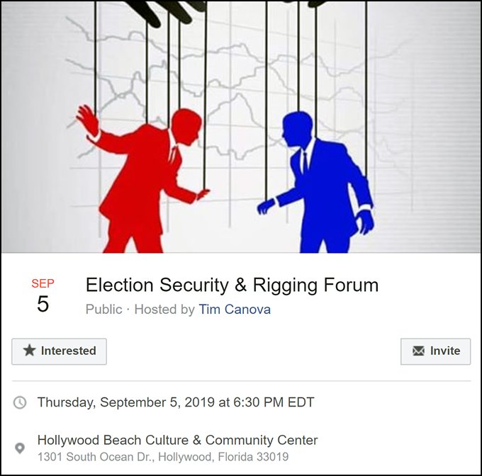 PeoplesParty_US's tweet photo. Election Security &amp; Rigging Forum
Thursday, September 5, 2019 at 6:30 PM EDT

We expect to Livestream on Facebook and perhaps other social media for those unable to attend in person.
Public event > https://t.co/Jry6ZBPOip 
#RiggingReport 
#ElectionSecurity 
#TimCanova https://t.co/zn5lFHcfqm