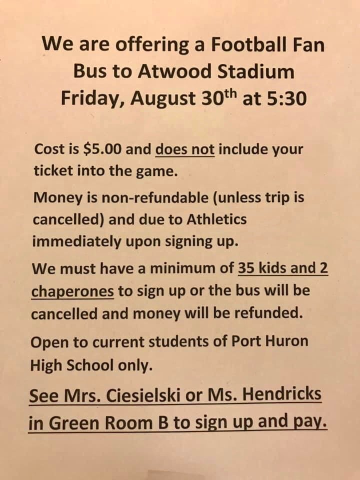 Come support your Big Reds Varsity Football team as they head out on the road for week 1.  $5.00 covers transportation only.  Ticket to get into the game is $7.00.