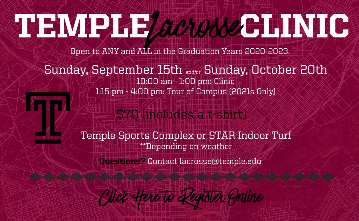 Templelacrosse's tweet photo. We've got two more clinics coming up this fall! Come improve your game with #TULAX and get a @TempleUniv campus tour too!

📝: https://t.co/unEfLLTIMB https://t.co/kxAXKodDPY