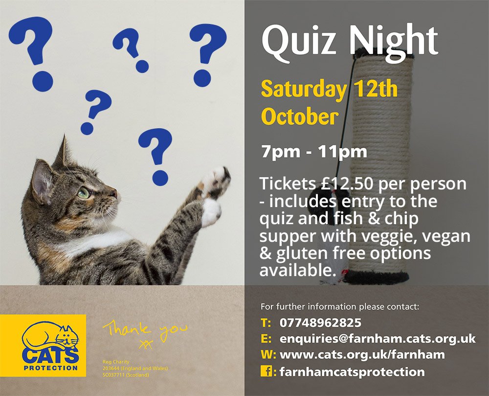 farnhamcats's tweet photo. It's time to get your thinking caps on for our annual Quiz Night! Just £12.50 per person for entry to the quiz and dinner - plus all the money we make goes to help the cats 🐾 https://t.co/uCok7lo6ez