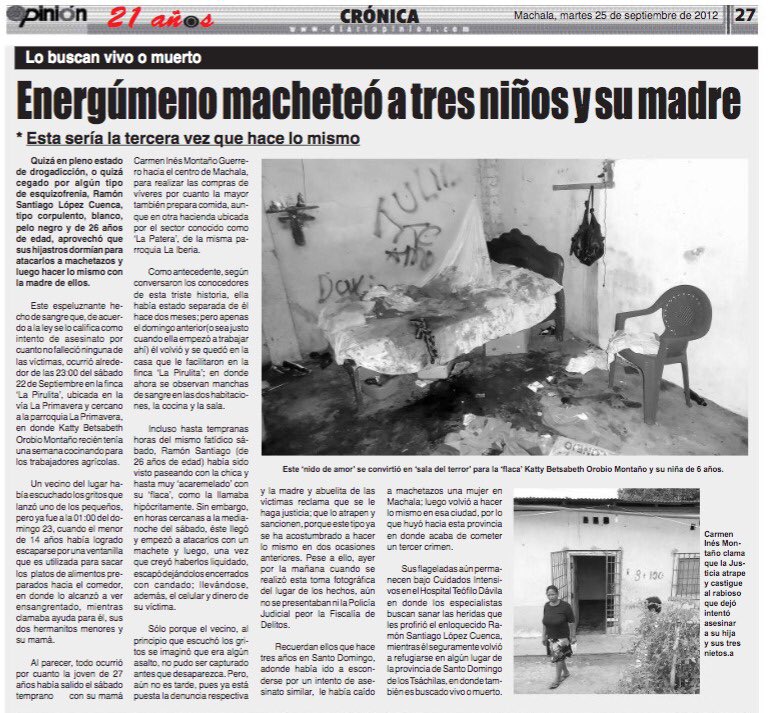 mariapaularomo's tweet photo. 🚨 CAPTURADO. 

Luego de años de búsqueda, hace algunas horas fue capturado en Esmeraldas el 4to más buscado de la provincia de El Oro. Atacó con un machete a su pareja y sus tres hijos. La mujer perdió una mano luego del brutal ataque.

#CeroImpunidad https://t.co/zIAiC7Yup0