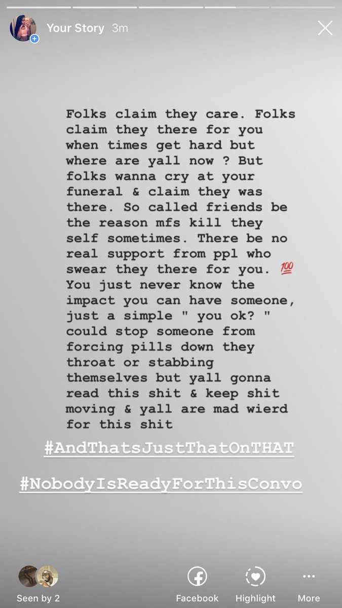 ChopppOutCheaa's tweet photo. Depression is something i feel strongly about because I've been there and it will literally drive you crazy to the point you may want to take your life. My daughter is the only thing that saved me so when someone is even the slightest bit of off im on it because i didnt have that https://t.co/x0himR0iQI
