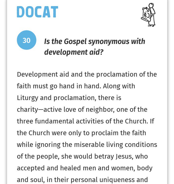 racky01's tweet photo. Is the #Gospel synonymous with #development aid? #DOCAT #Docatchallenge #YouthCatechism #YoungCatholics #CatholicYouth #CatholicCatechism #CatholicEdChat #YouthPower @youcat #JesusYouth #Charity https://t.co/MFKCTOy44w