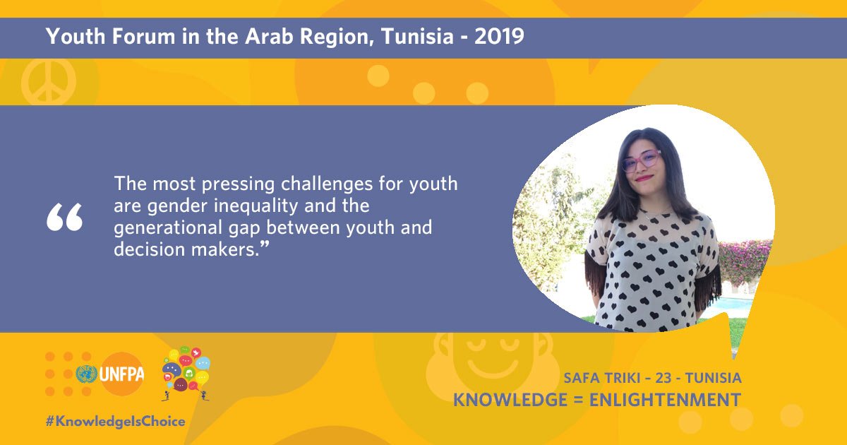 UNFPA_Arabic's tweet photo. Safa Triki- #Tunisia :"I developed an interest in citizen journalism because I think that through telling stories of different people,I can identify with the universalities of the human experience"
Learn about #YouthForumAr participants: https://t.co/MpdkmfYDmZ
#KnowledgeIsChoice https://t.co/x7jHraYzS9