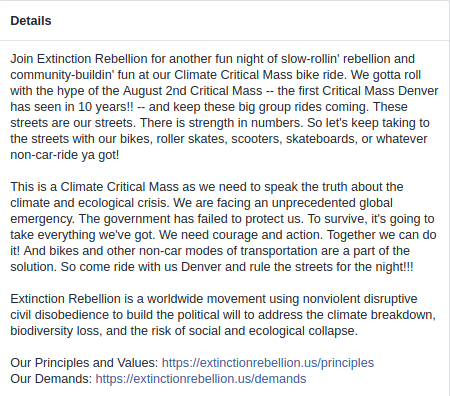 xrdenver's tweet photo. Join us for another Climate #CriticalMass!

When: Friday, August 30th, 6:30 PM – 8 PM
Where: Denver Skate Park "DPark"
2205 19th St, Denver, Colorado 80202

Our Principles and Values: https://t.co/zuwmTCspi3
Our Demands: https://t.co/jWkjjyDSu3
#ExtinctionRebellion #RebelForLife https://t.co/3i2dZBWhLP