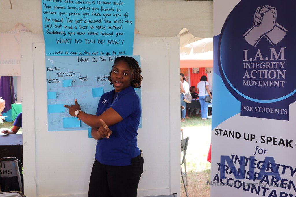 niajamaica's tweet photo. Kai Clarke, VP of membership and recruitment @iamuwimona engages students with a scenario called ‘Don’t go to jail’ this scenario explores a challenge drivers on the road may experience daily. #Yute4Integrity #TeamNIA https://t.co/bhCMAfU6WR