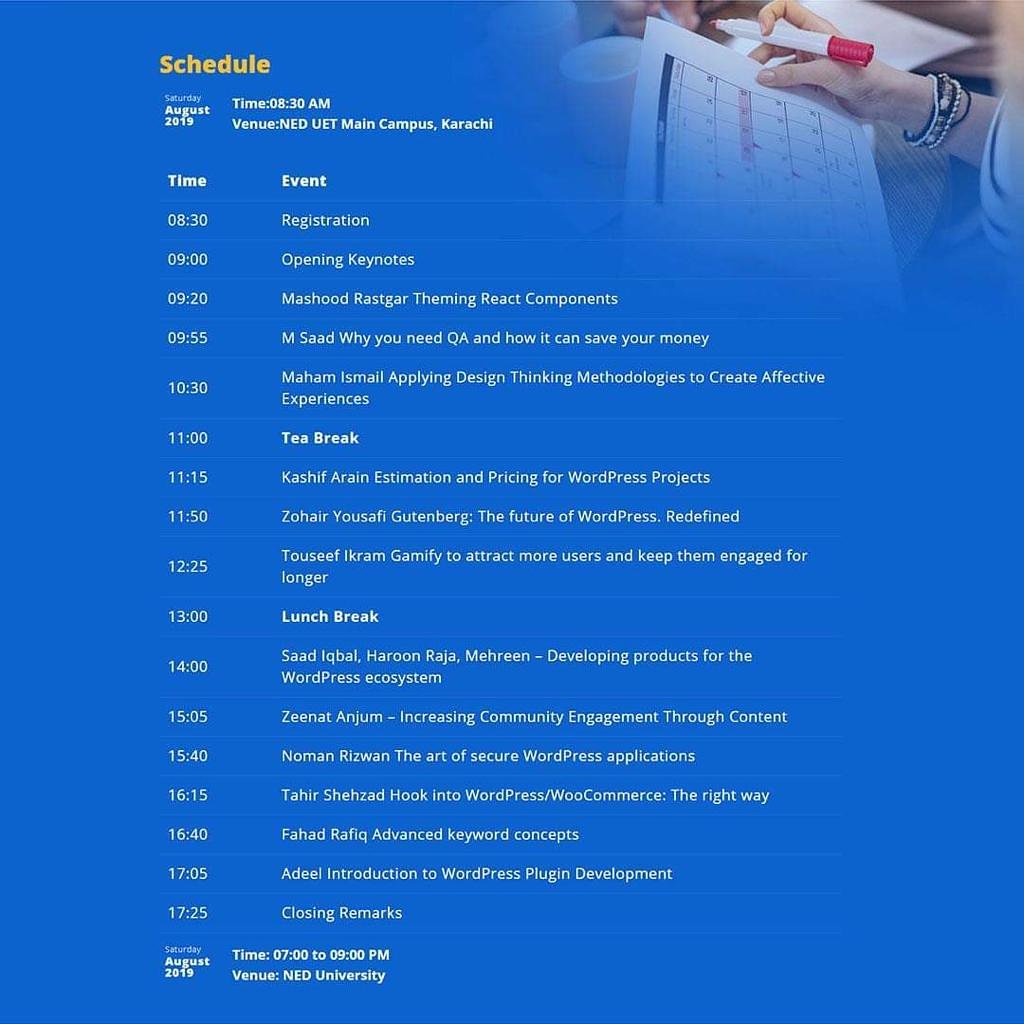 WordcampKarachi's tweet photo. Here is the schedule and timings of the WordCamp Karachi 2019.
Be a part of WordCamp'19 and grab ur tickets (without swags) in 700Rs.
https://t.co/uRrebcYKkT
#WordPress #WordCamp #WCKHI #WordCampKarachi https://t.co/X4TumZrIps