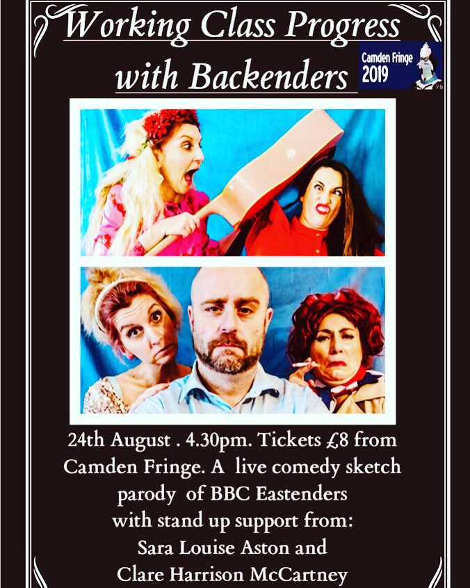 Backenders1's tweet photo. Our grand finale is at Camden fringe, this Saturday 4.30pm at the hen and chickens theatre . Come along and have your soap buds tickled. Xx #eastenders #eastendersspoilers #workingclassprogresswithbackenders #camdenfringe2019 #camdenfringe https://t.co/j8nFf3Nnvo