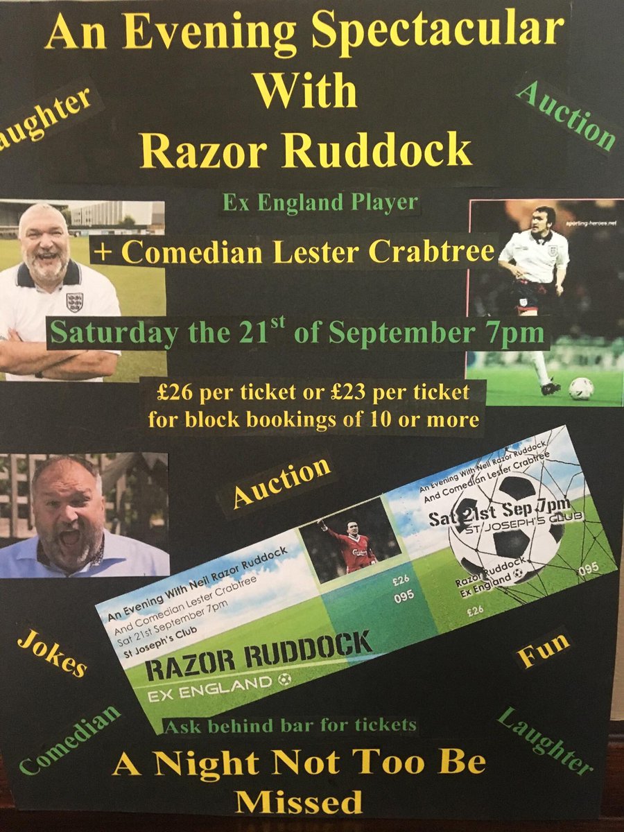 SJRWorksopFC's tweet photo. RETWEET FOR CHANCE TO WIN 4 FREE TICKETS WORTH OVER £100

Around 50 tickets left

£26 a ticket 
£230 for a block booking of 10 https://t.co/DvfeOLYLEM
