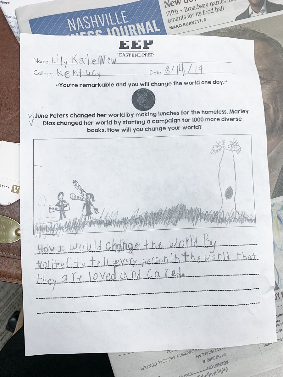 AmyNew's tweet photo. How will you change the world one day?
Would you volunteer “to tell every person in the world that they are loved and cared (for)” like this seven year old?
#SecondGrade #EEPRocks
@EastEndPrep https://t.co/fQ9HwWBkIw