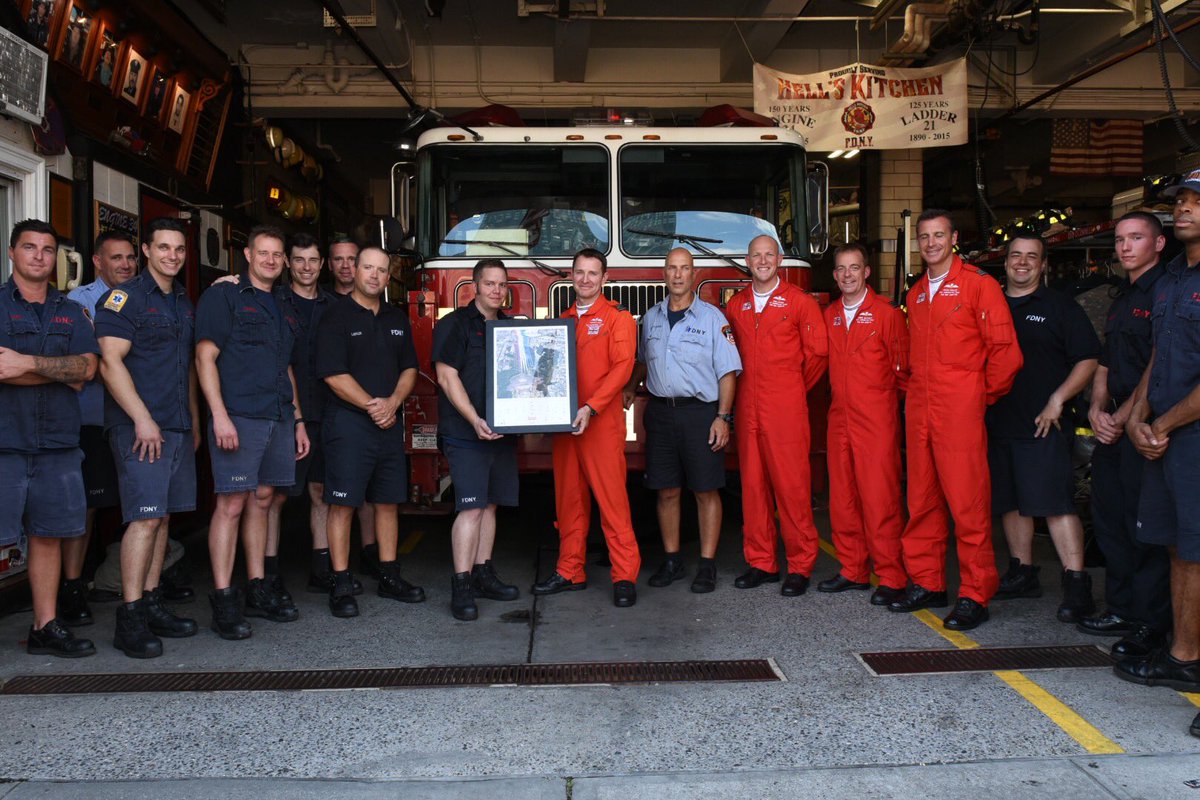FDNY's tweet image. #FDNY members from #Engine34 #Ladder21 welcomed the @rafredarrows to their firehouse in Manhattan. The Red Arrows are in NYC to perform at the 2019 New York International Air Show this weekend.
